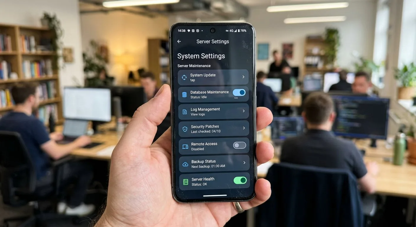 Dłoń trzymająca smartfon z wyświetlonymi ustawieniami technicznymi serwera w słabo oświetlonym biurze.