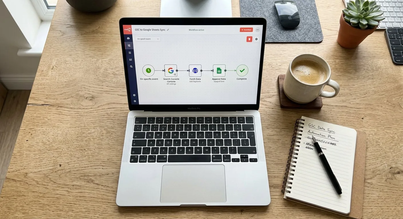 Na biurku obok kubka z kawą leży otwarty laptop z uruchomionym panelem do automatyzacji przesyłu danych między narzędziami analitycznymi.