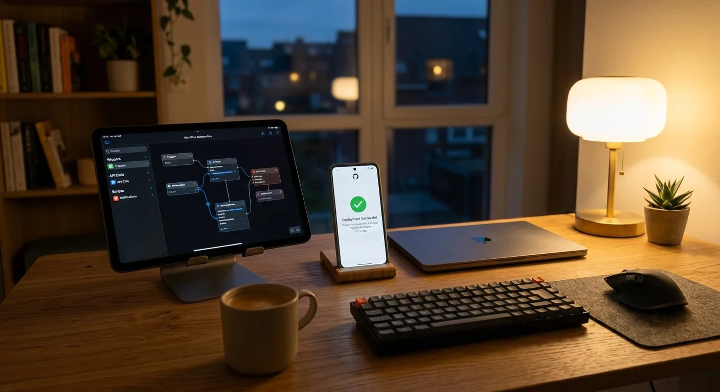 Na biurku w domowym gabinecie leży tablet z otwartym panelem sterowania automatyzacjami oraz telefon potwierdzający zapisanie kopii zapasowej danych w prywatnej przestrzeni sieciowej.