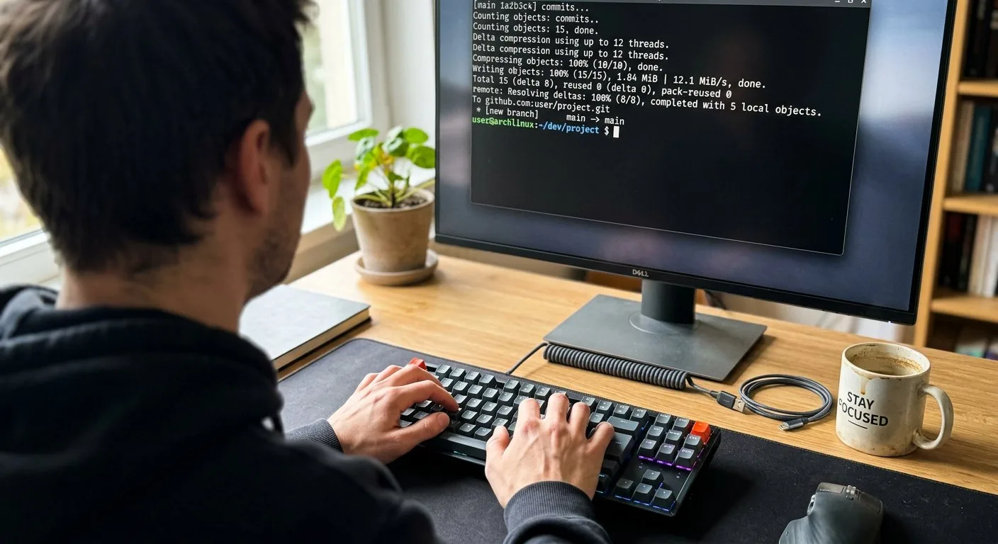Dłonie programisty obsługują klawiaturę, podczas gdy na monitorze w tle widoczny jest proces automatycznego kopiowania zapasowego skryptów do chmury.