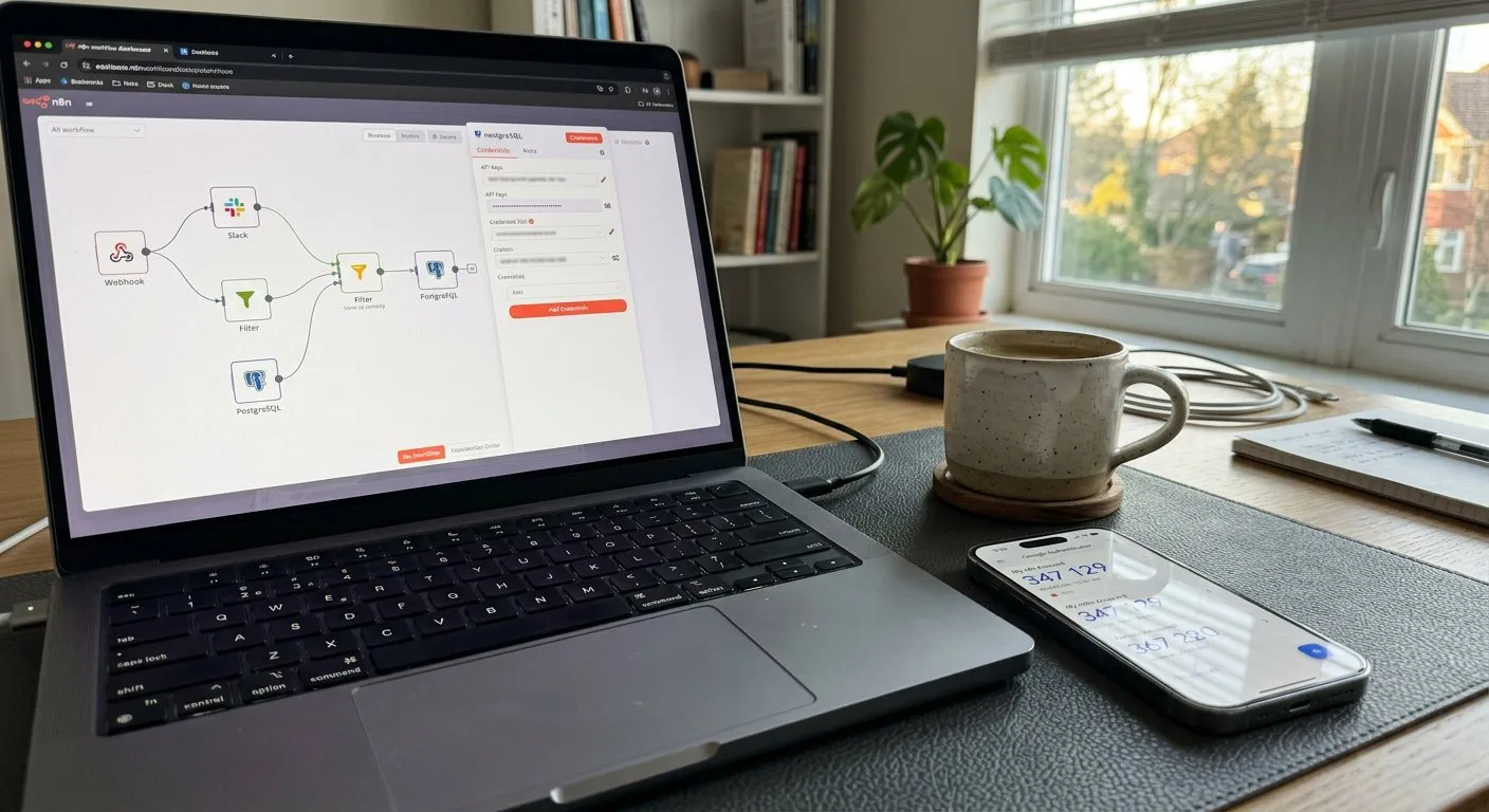Na biurku obok laptopa z otwartym panelem zarządzania automatyzacją leży telefon wykorzystywany do autoryzacji dwuetapowej.