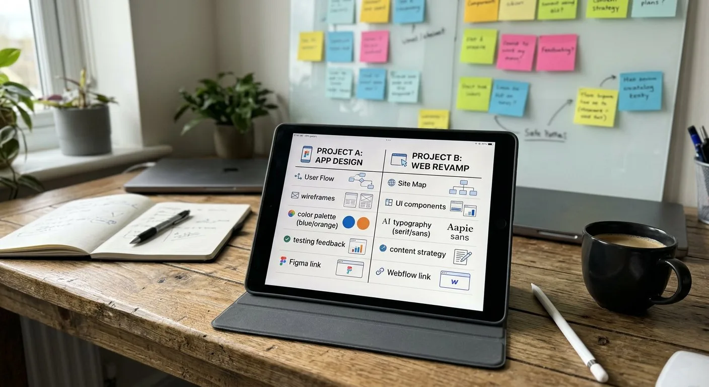 Tablet wyświetlający zestawienie dwóch narzędzi SEO spoczywa na biurku, w tle widać tablicę z kolorowymi notatkami dotyczącymi strategii treści.