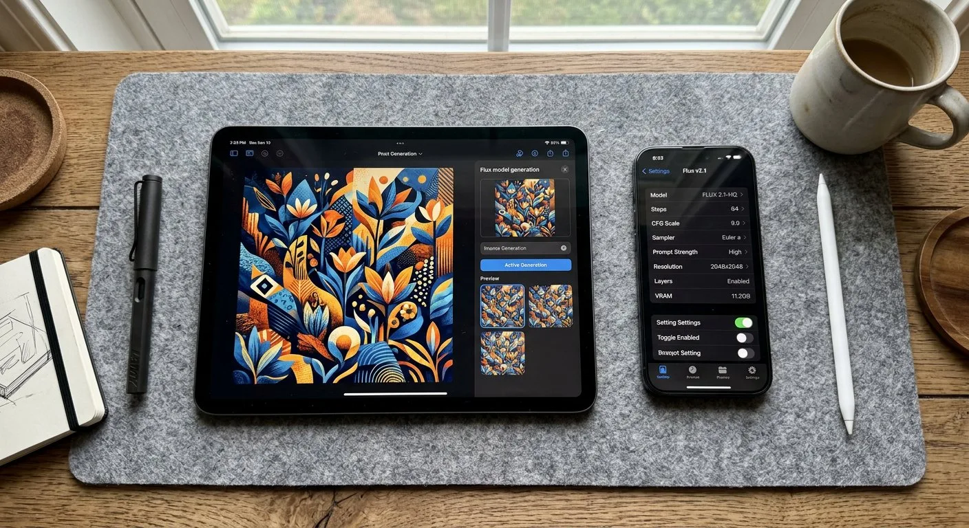 Na blacie biurka leżą obok siebie tablet oraz telefon, prezentujące efekty pracy z nowoczesnym modelem sztucznej inteligencji Flux.