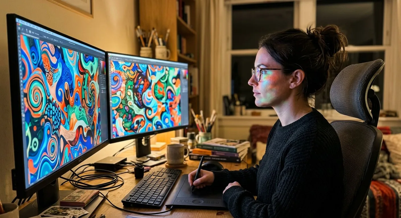 Artysta cyfrowy analizuje różnice w grafikach wyświetlanych na dwóch monitorach w swoim domowym studiu.