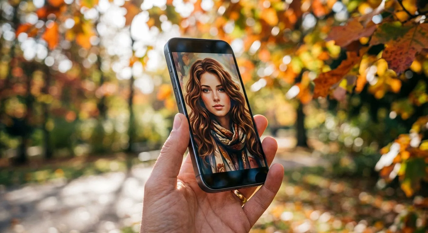 Użytkownik telefonu przegląda w parku portret wygenerowany przez zaawansowany model sztucznej inteligencji.