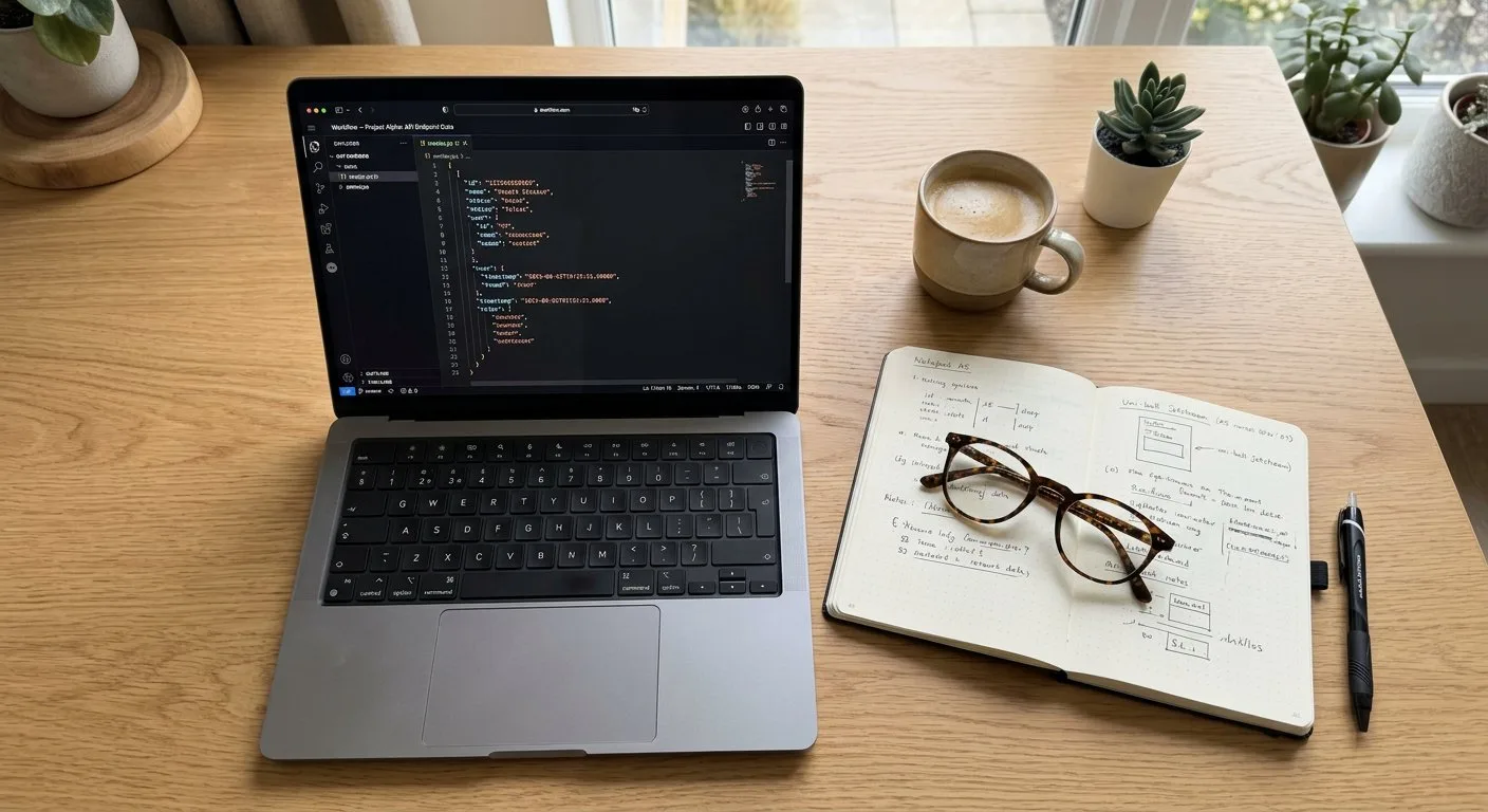 Na biurku leży otwarty laptop z widocznym na ekranie kodem struktury danych obok notesu z odręcznymi notatkami.