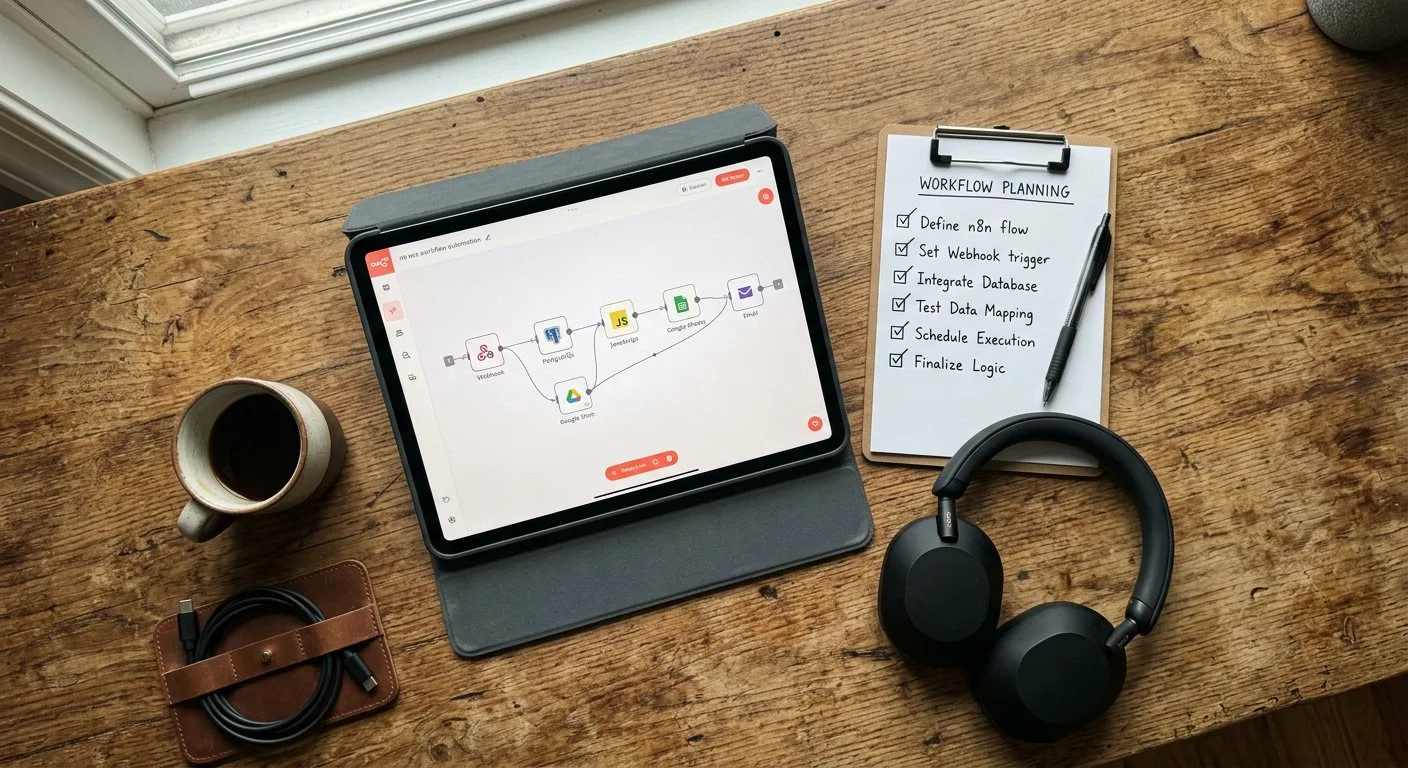 Na biurku obok tableta z aktywnym interfejsem automatyzacji znajduje się lista kontrolna z zaznaczonymi punktami postępu prac.