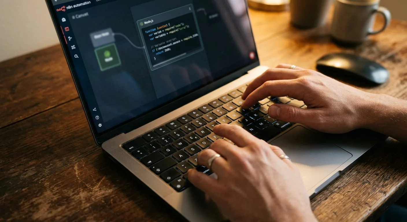 Dłonie pracownika piszą na klawiaturze laptopa, podczas gdy na ekranie w tle widać otwarty interfejs z edytorem kodu.