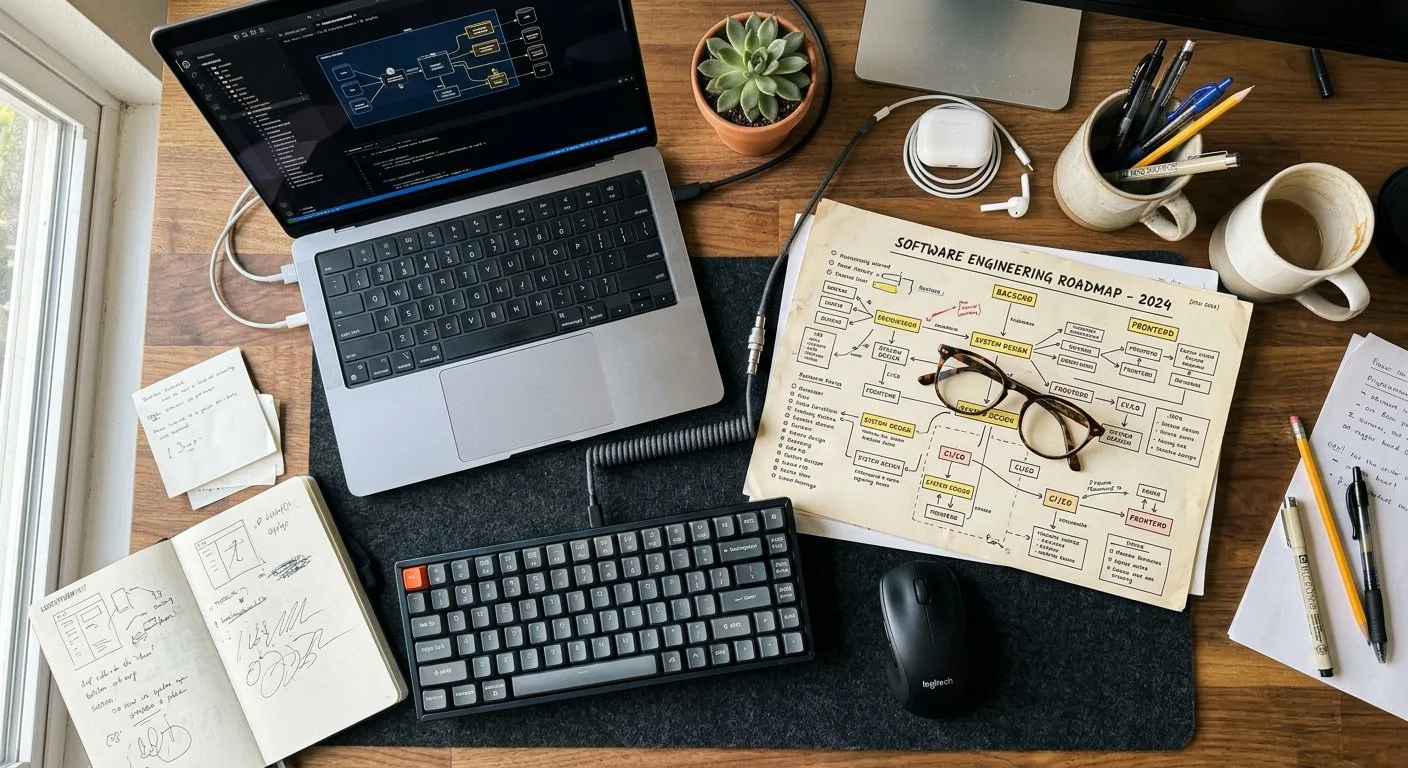 Otwarty laptop z otwartym schematem architektury oprogramowania oraz notatki dotyczące nauki programowania leżące na biurku.