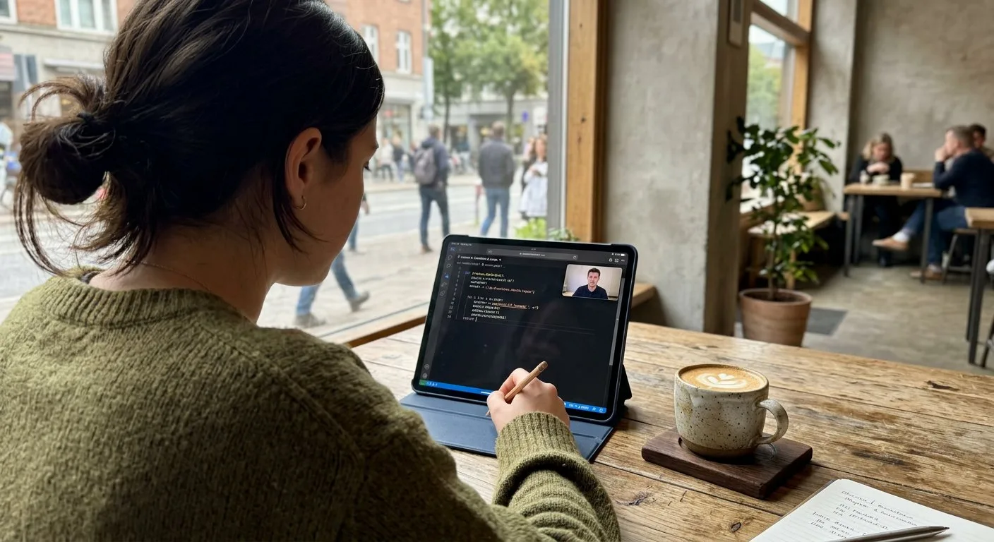 Uczeń analizujący kurs programowania online na tablecie w przestrzeni kawiarnianej przy filiżance kawy.