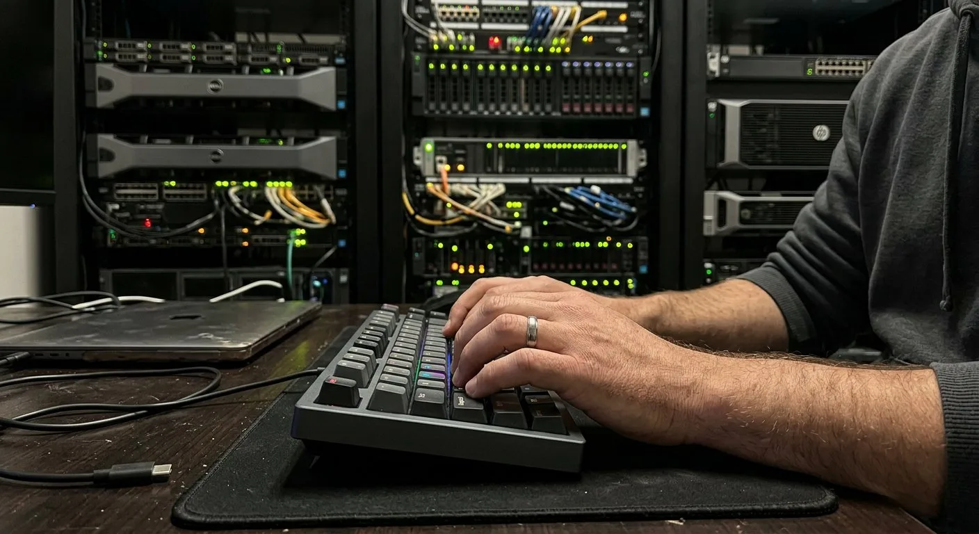 Dłonie programisty wpisują komendy konfiguracyjne na klawiaturze w serwerowni, w której w tle delikatnie mrugają diody kontrolne urządzeń sieciowych.