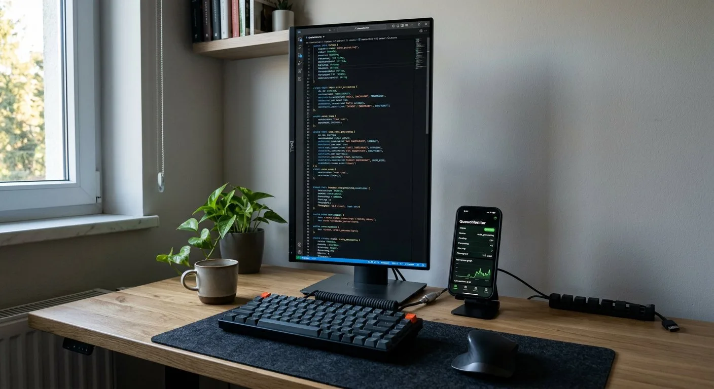 Pionowy monitor wyświetlający zaawansowany kod źródłowy stoi na biurku obok smartfona prezentującego aktualne statystyki przetwarzania zadań w kolejce.