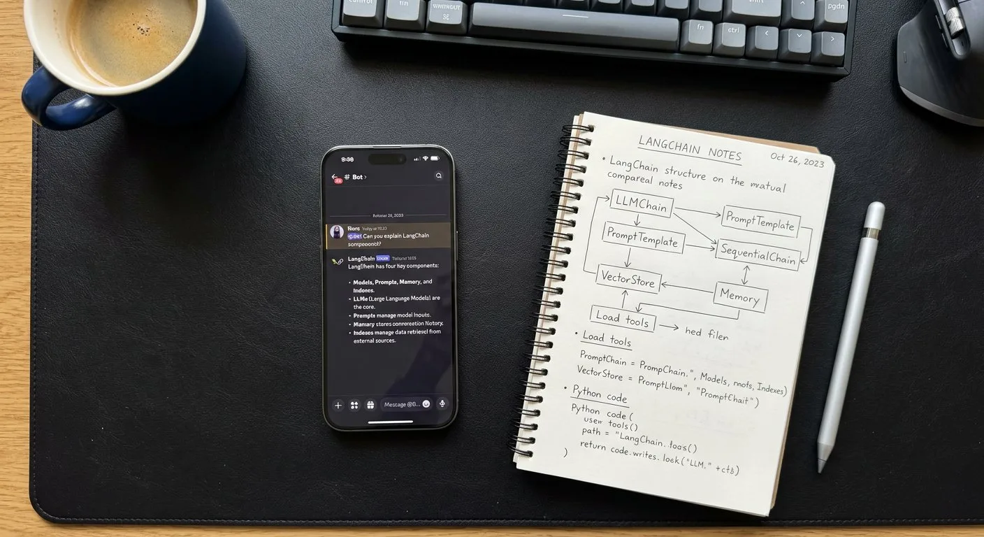 Obok smartfona z aktywnym oknem rozmowy w komunikatorze leży otwarty notatnik z odręcznymi zapiskami dotyczącymi logiki działania sztucznej inteligencji.