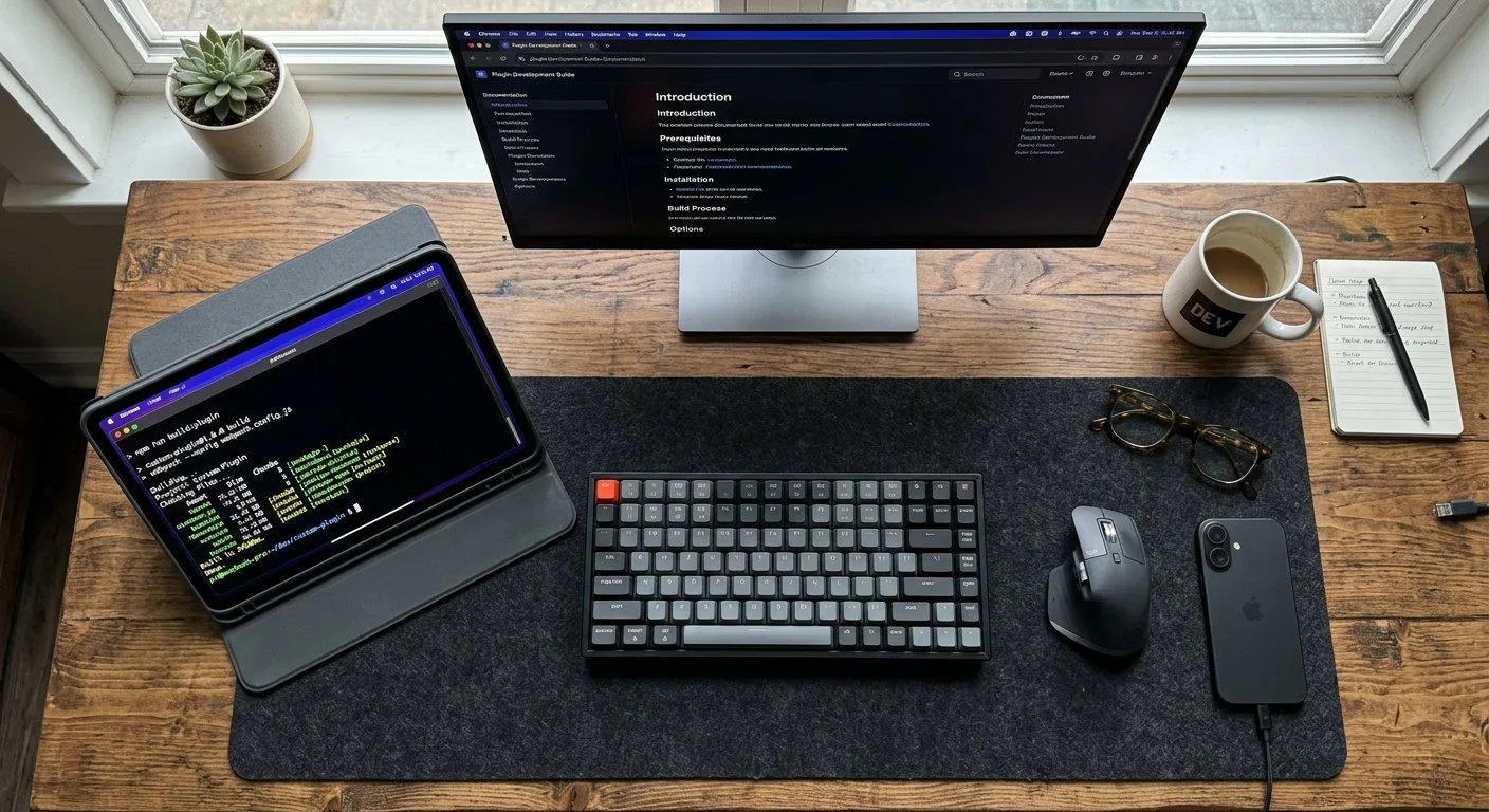Otwarta dokumentacja techniczna oraz konsola terminala wskazują na finalny etap kompilacji własnego rozszerzenia w środowisku programistycznym.