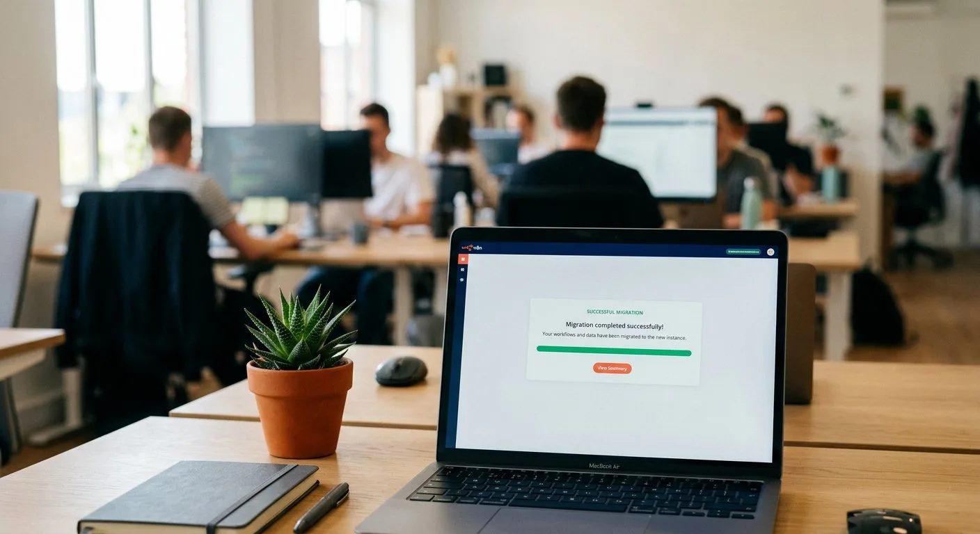 Monitor laptopa wyświetla komunikat o udanej migracji danych w interfejsie platformy automatyzacji zadań.