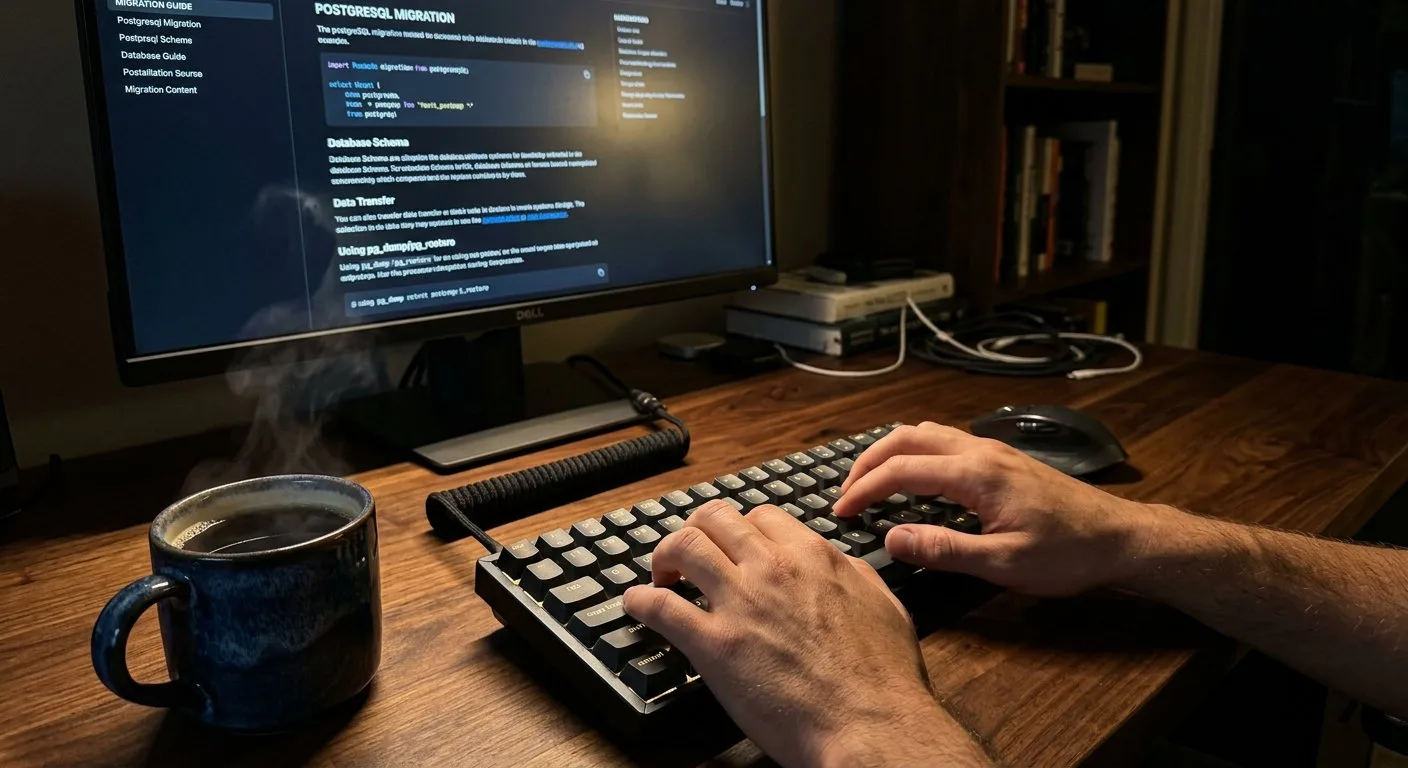 Dłonie programisty pracują na klawiaturze przy stanowisku wypełnionym dokumentacją techniczną dotyczącą konfiguracji serwera.