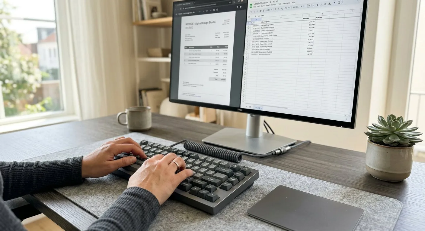 Dłonie pracownika obsługują klawiaturę, podczas gdy na monitorze widoczne jest zestawienie danych wyciągniętych z pliku PDF do arkusza kalkulacyjnego.
