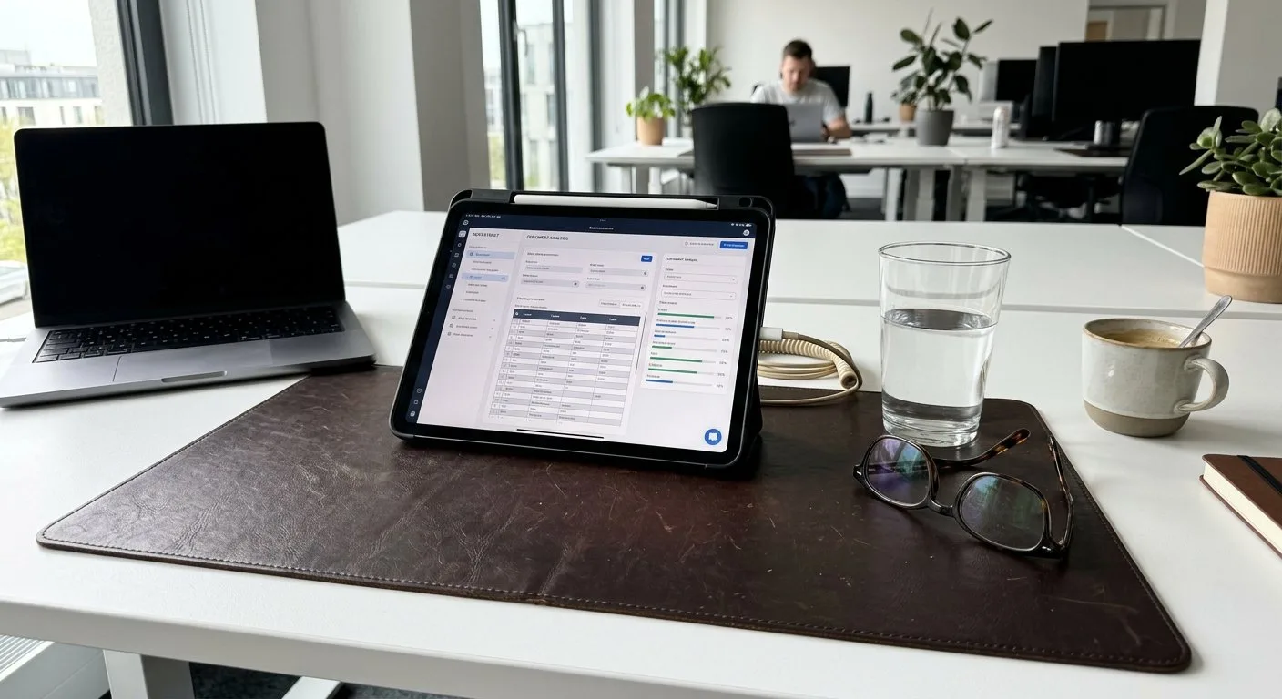 Tablet wyświetlający interfejs oprogramowania do rozpoznawania tekstu spoczywa na skórzanej podkładce na biurku w słonecznym pomieszczeniu.