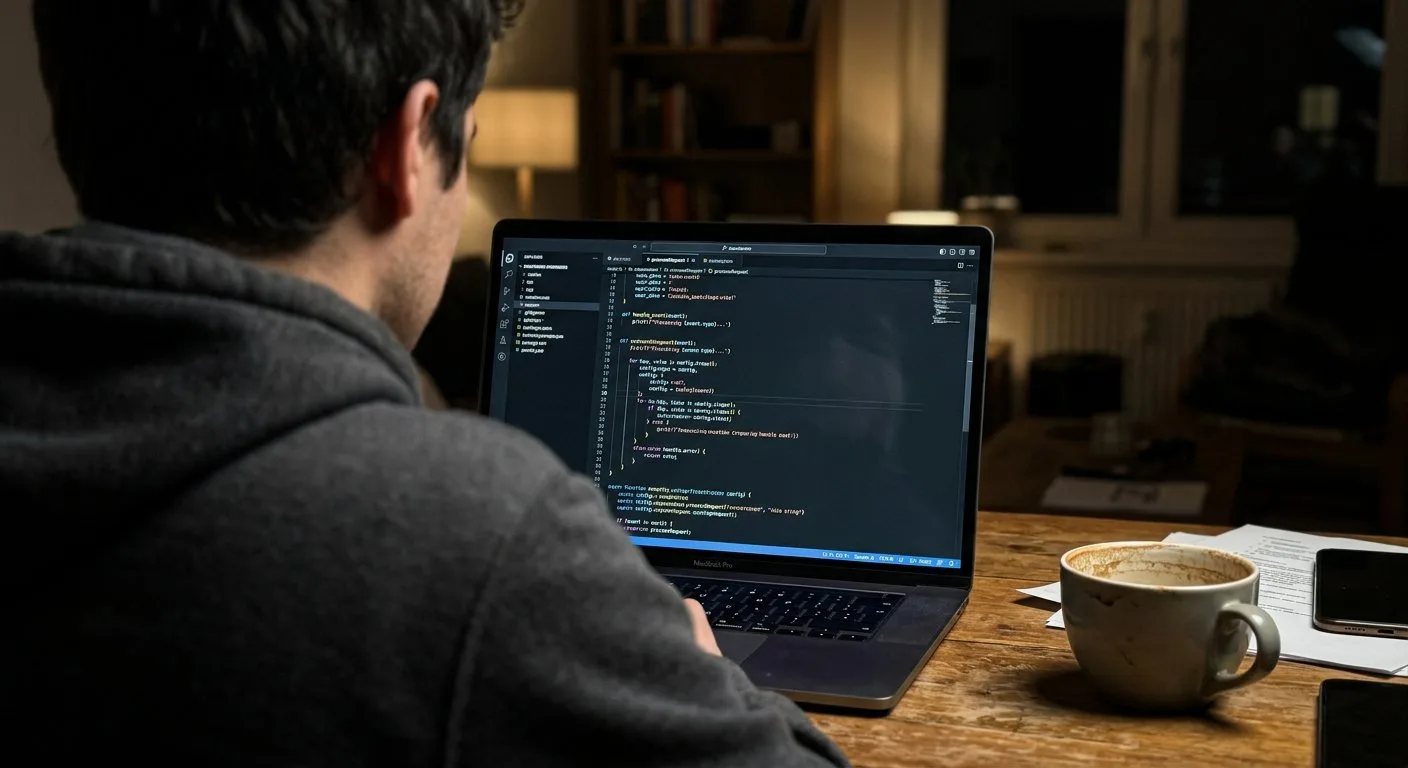 Monitor wyświetlający fragmenty kodu programistycznego stoi na biurku obok kubka z kawą w lekko zaciemnionym pomieszczeniu.