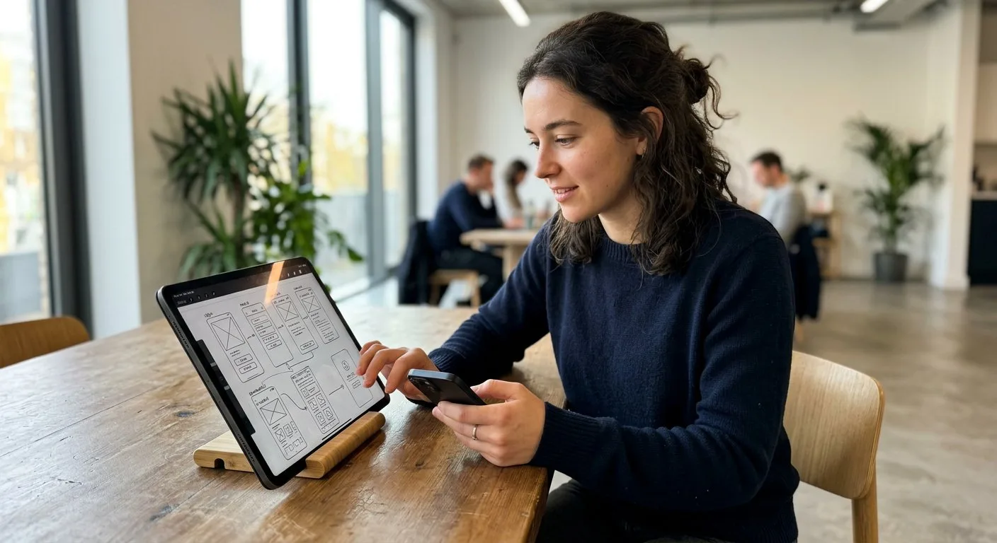 Młody programista analizuje schematy interfejsu aplikacji na tablecie, trzymając w dłoni smartfon z uruchomionym prototypem oprogramowania.