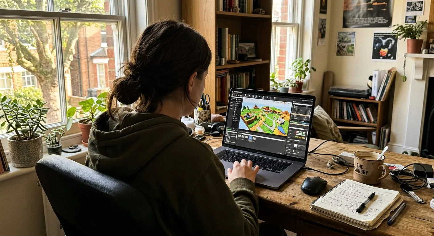 Młody twórca gier pracuje nad projektem poziomu w profesjonalnym silniku graficznym na swoim laptopie.