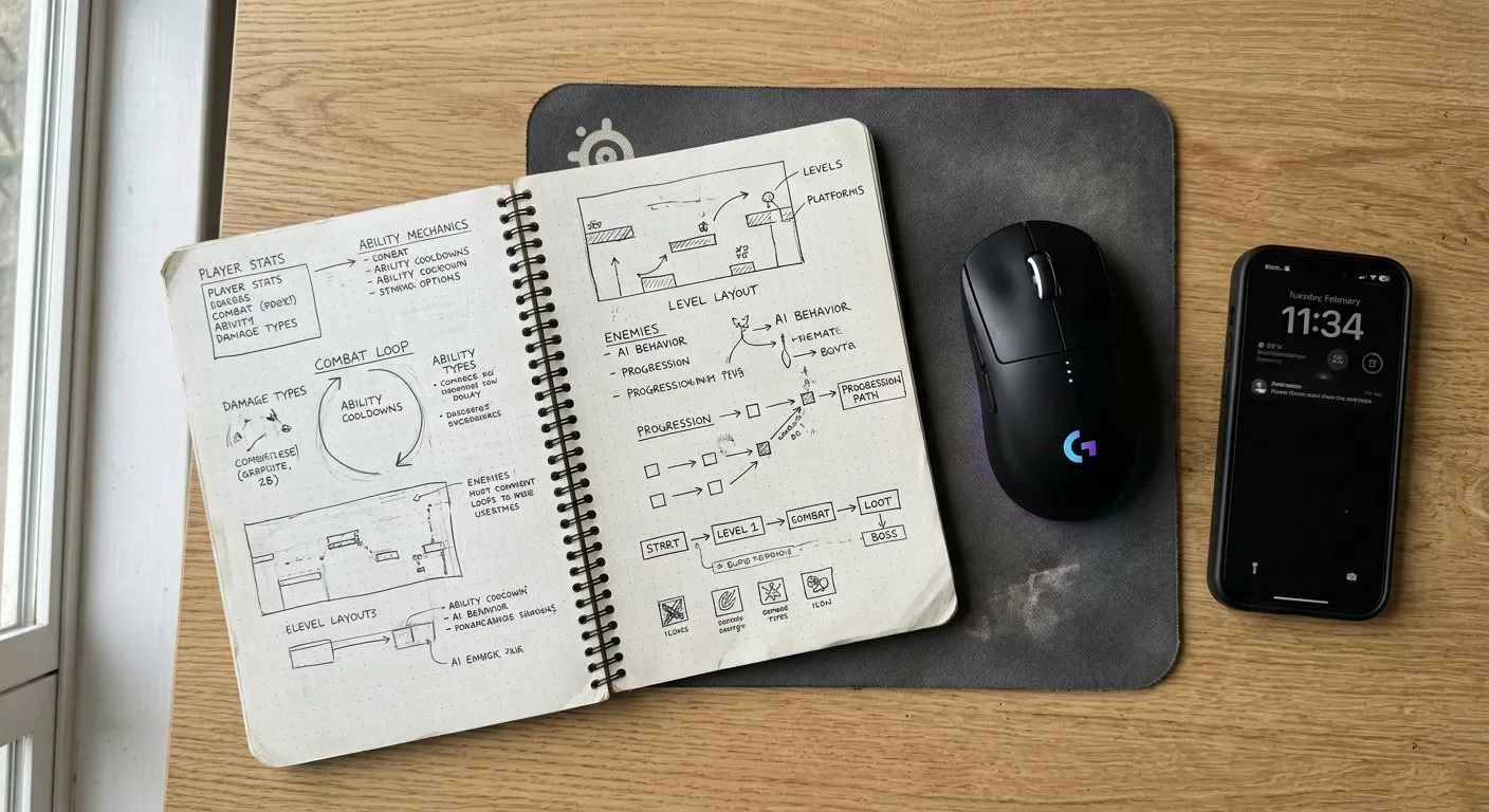 Odręczne notatki z mechaniką gry oraz szkice poziomów leżące obok sprzętu komputerowego na biurku.