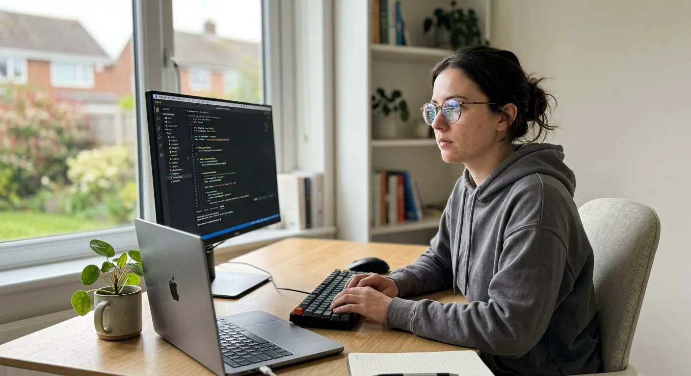 Młody programista w skupieniu analizuje strukturę kodu wyświetlaną na monitorze w dobrze oświetlonym domowym biurze.