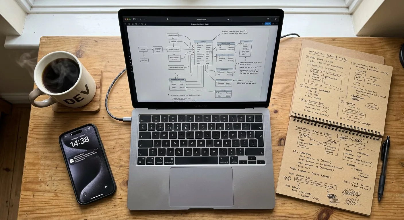 Na biurku leży otwarty notatnik z odręcznymi zapiskami oraz laptop, na którym widać schematy przepływu danych między środowiskami serwerowymi.